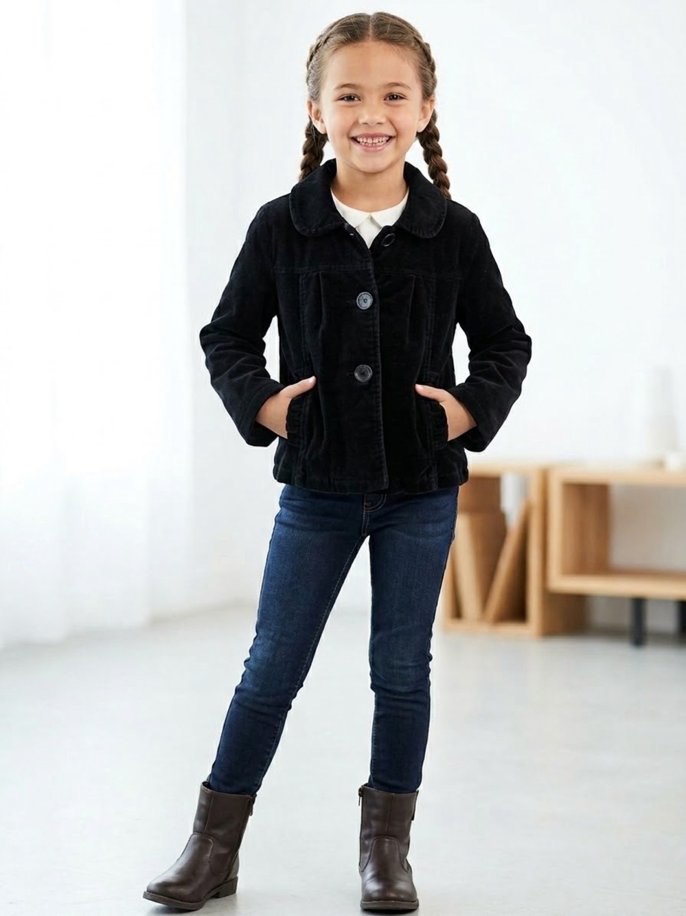 Cherokee Girls Black Velvet Jacket Size M 7/8 Velveteen Corduroy Button Up Coat